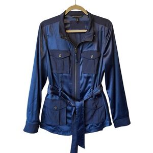 WHBM Satin jacket 14 Blue Tied belt Utility pockets Mid length Womens Full zip